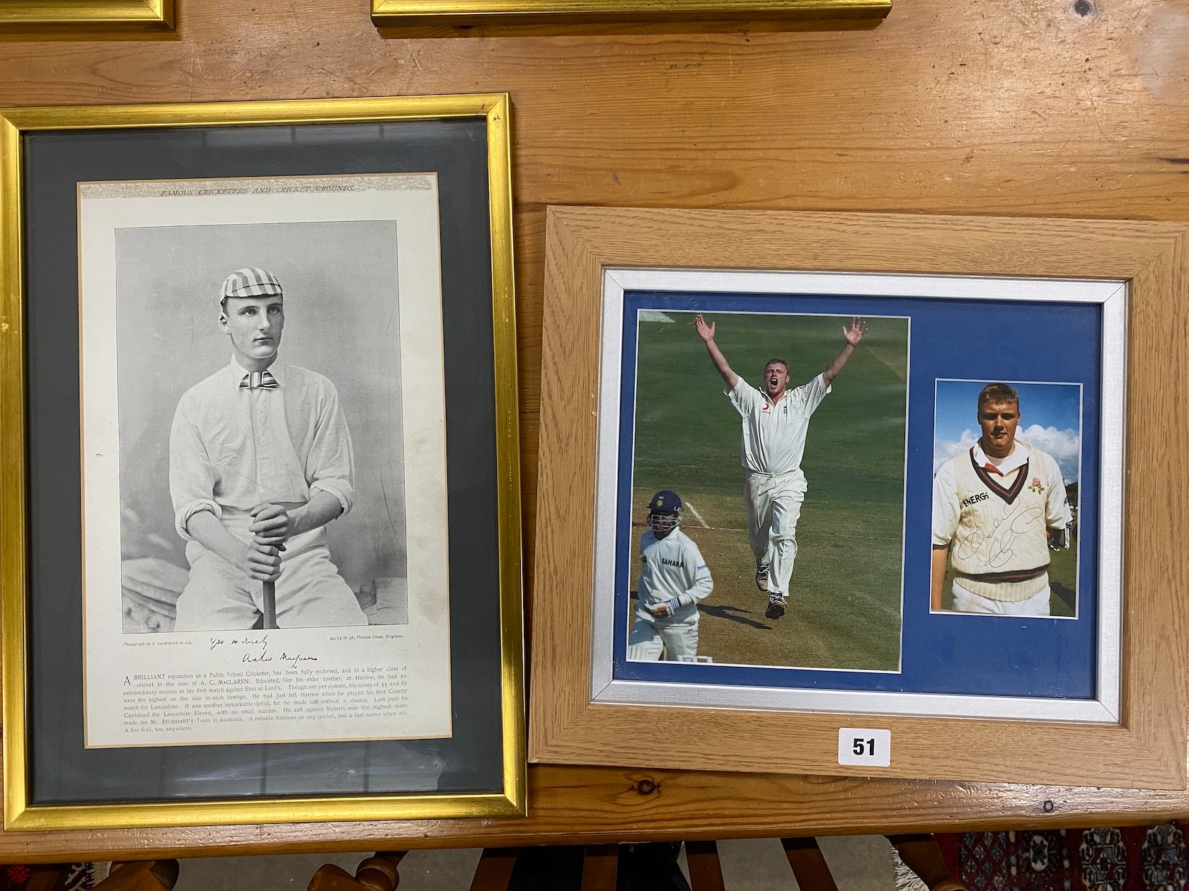 Famous Cricketers and Cricket Grounds ten framed monochrome photographic prints 22cms x 34cms and a Freddie Flintoff signed photograph.